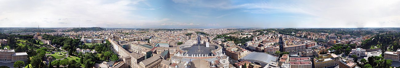 Panoráma a Szent Péter-bazilika tornyából. Balra a vatikáni kertek, középen a Szt. Péter tér.