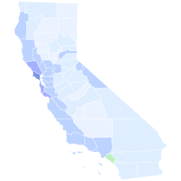 Best Democrat's performance by county in the regular primary (blue for Schiff, green for Porter)