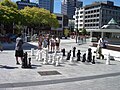 Σκάκι κάτω από τις «Χρυσές Οροφτελιές» (Ulmus glabra 'Lutescens'), Cathedral Square, Κράισττσερτς, Νέα Ζηλανδία
