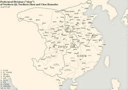 572 itibarıyla Güney ve Kuzey Hanedanlıklarının (Kuzey Qi, Kuzey Zhou ve Chen) sonraki evresinde Çin'in idari bölümlerinin (zhou, vilayet) haritası.