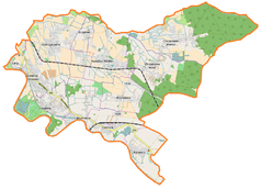 Mapa konturowa gminy Czernica, po lewej znajduje się punkt z opisem „Parafia Miłosierdzia Bożego”