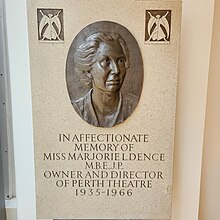 Picture of Plaque commemorating Marjorie Dence displayed in Perth Theatre