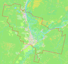 Mapa konturowa Syktywkaru, blisko centrum na dole znajduje się punkt z opisem „SCW”