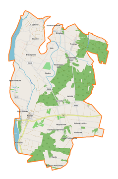 Mapa konturowa gminy Łaziska, na dole po lewej znajduje się punkt z opisem „Piotrawin”