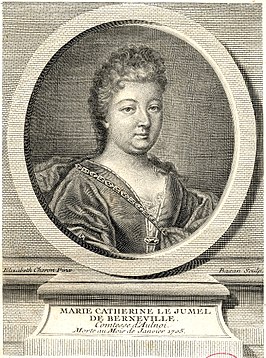 Enige bekende afbeelding van Madame d'Aulnoy. 18e-eeuwse gravure van Pierre-François Basan naar een schilderij van Elisabeth-Sophie Chéron