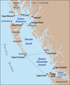 Map showing Dixon Entrance, Hecate Strait, Queen Charlotte Strait and Queen Charlotte Sound - the central portion of the Coastal Waters.