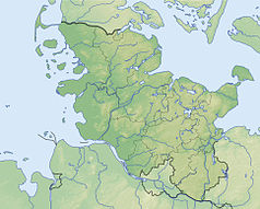 Mapa konturowa Szlezwika-Holsztynu, u góry po lewej znajduje się punkt z opisem „Föhr”