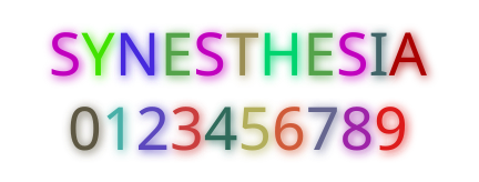 "SYNESTHESIA" in all-caps with "0123456789" below it. Each glyph is colored differently, though identical glyphs are in the same color.