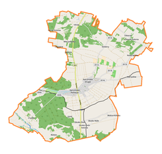 Mapa konturowa gminy Karczmiska, u góry nieco na prawo znajduje się punkt z opisem „Lipki”