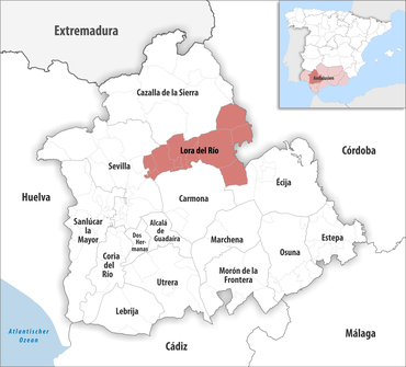 Die Lage des Gerichtsbezirk Lora del Río in der Provinz Sevilla