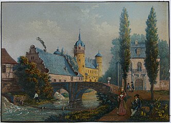 Schloss Fürstenau mit Kavaliershaus und Brücke über die Mümling, kolorierter Stahlstich von Eduard Willmann nach R. Sperber (um 1850)