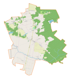 Mapa konturowa gminy Gowarczów, po lewej nieco na dole znajduje się punkt z opisem „Ruda Białaczowska”