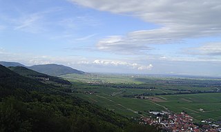 Blick von der Madenburg bei Eschbach nach Norden: Links die Hänge der Haardt, in der Mitte das Hügelland an der Weinstraße, rechts die Rheinebene