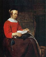 Metsu's Jonge briefleester, circa 1658, portret van zijn vrouw Isabella. Er is duidelijk gelijkenis. Ook de oorbellen lijken dezelfde.