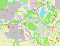 Mapa konturowa miasta Most, po prawej znajduje się punkt z opisem „Fotbalový stadion Josefa Masopusta”