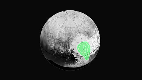 Pluto'da donmuş karbon monoksit, Sputnik Planum'da yoğunlaşmıştır (kısa kontürler daha yüksek seviyeleri temsil eder)