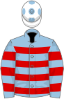 Light blue, red hoops, white cap, light blue spots