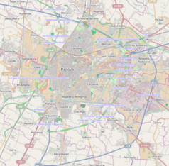 Mapa konturowa Padwy, blisko centrum u góry znajduje się punkt z opisem „Kaplica Scrovegnichw Padwie”