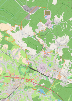 Mapa konturowa Trzebini, po prawej nieco na dole znajduje się punkt z opisem „Północ”