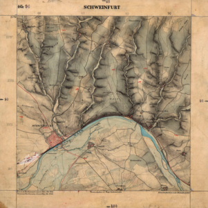 Karte um 18601 mit Relief der Schweinfurter Rhön. Im Süden Main und Schweinfurter Becken