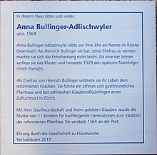 Gedenktafel von Anna Bullinger-Adlischwyler am Zwingliplatz 4 in Zürich.