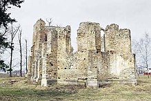 The ruined walls of a stone church