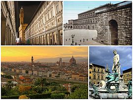 A collage of Florence showing the Galleria degli Uffizi (top left), followed by the Palazzo Pitti, a sunset view of the city and the Fountain of Neptune in the Piazza della Signoria.