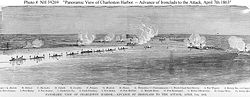 Panoramic view of ships in harbor during battle