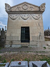 Neoclassical acroteria with mascarons on the Grave of Lupin-Roux family, Loyasse Cemetery, Lyon, sculpted by Pierre-Marie Prost, c.1830