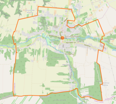 Mapa konturowa Nałęczowa, u góry nieco na prawo znajduje się punkt z opisem „Muzeum Bolesława Prusa w Nałęczowie”