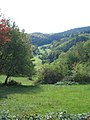 Südlich des Weschnitzdurchbruchs schnitt sich der Brombach in den Zwischenzone-Trommgranit-Berghang zwischen Eselstein (links) und Erzberg (rechts) ein.