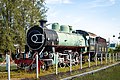 A historical locomotive on display at the station.