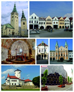 Top: Žilina Holy Trinity Cathedral, Mariánske námestie with burgher heritage houses in Mariánske Square, Middle: An inside view of Žilina St.Stephen Church, A heritage of Žilina Town Hall, St.Paul the Apostle and Jesuit Church, Bottom: Budatín Castle, Mirage Commerce Complex Center (all item from left to right)