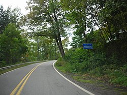 A curvy, paved road flanked by green trees on both sides. A sign on the right side of the road reads "WELCOME TO PENNSYLVANIA."