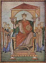 Kaiser Otto II. mit den Insignien und den vier Teilen seines Reiches