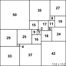 21 Quadrate, alle unterschiedlicher Größe, fügen sich lückenlos zu einem großen Quadrat zusammen.