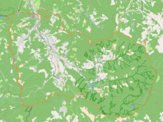 Mapa konturowa miasta Wisła, po lewej nieco u góry znajduje się punkt z opisem „Centrum”