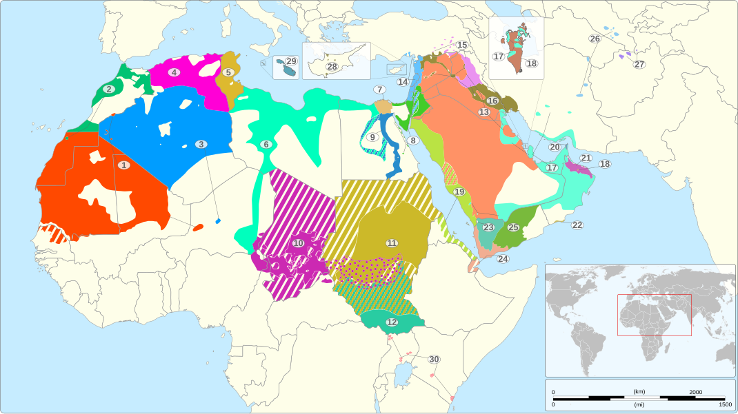 Spreiding van het Arabisch, incl. variëteiten en dialecten ■ 1. Hassaniya ■ 2. Marokkaans ■ 3. Maghrebijns ■ 4. Algerijns ■ 5. Tunesisch ■ 6. Libisch ■ 7. Neder-Egyptisch ■ 8. Bedoeïenen (Levantijns) ■ 9. Opper-Egyptisch ■ 10. Tsjadisch ■ 11. Soedanees ■ 12. Juba ■ 13. Najdees ■ 14. Levantijns ■ 15. Noord-Mesopotamisch ■ 16. Mesopotamisch ■ 17. Golf ■ 18. Bahreins ■ 19. Hidjaaz ■ 20. Shihi ■ 21. Omaans ■ 22. Dhofarees ■ 23. Sanaas ■ 24. Ta'izzi-Adeni ■ 25. Hadramauts ■ 26. Oezbekisch ■ 27. Tadzjiekse ■ 28. Cypriotisch ■ 29. Maltees ■ 30. Nubi