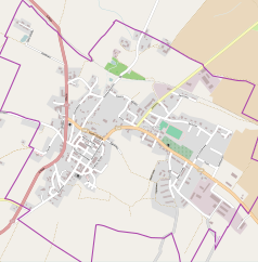 Mapa konturowa Bisztynka, po lewej nieco na dole znajduje się punkt z opisem „Parafia św. Macieja i Przenajdroższej Krwi Pana Jezusa w Bisztynku”