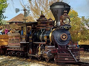 A 3/4 view of the Glenbrook waiting for a train to pass at the Nevada State Railroad Museum.