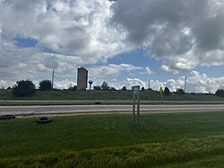 The Darien sign and water tower as seen from U.S. Highway 14/North Walworth Street in August 2024.