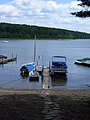 Same dock in summer when water level is lower; held in place with ropes to shore