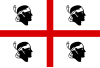 The flag of Sardinia, shows a Saint George's Cross on a white field, surrounded by four black heads, known as the Moors