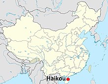 Staðsetning Haikou borgar í Hainan héraði í Kína.