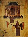İmparator Han Wudi'yi (MÖ 156 – 87) iki Buda önünde tapınırken resmeden freskten ayrıntı, yaklaşık MS 700.