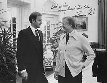 Scanned photo of Biden and Carter smiling at each other in the Oval Office. On the photo, Carter wrote: "Best wishes to my friend Joe Biden"