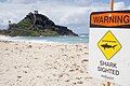 Image 25A sign at Pyramid Rock Beach in Hawaii warning about a shark sighting, 2015 (from Shark tourism)