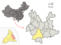 Location of Mojiang County (pink) and Pu'er City (yellow) within Yunnan