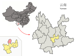 Location of Yimen County (pink) and Yuxi City (yellow) within Yunnan