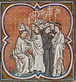 II. Philippe Augustus Saint-Dennis Manastiri Başkeşişi Hugues'un tayin ayininde. (Kaynak: V. Charles Grandes Chroniques de France, 14. yüzyıl).